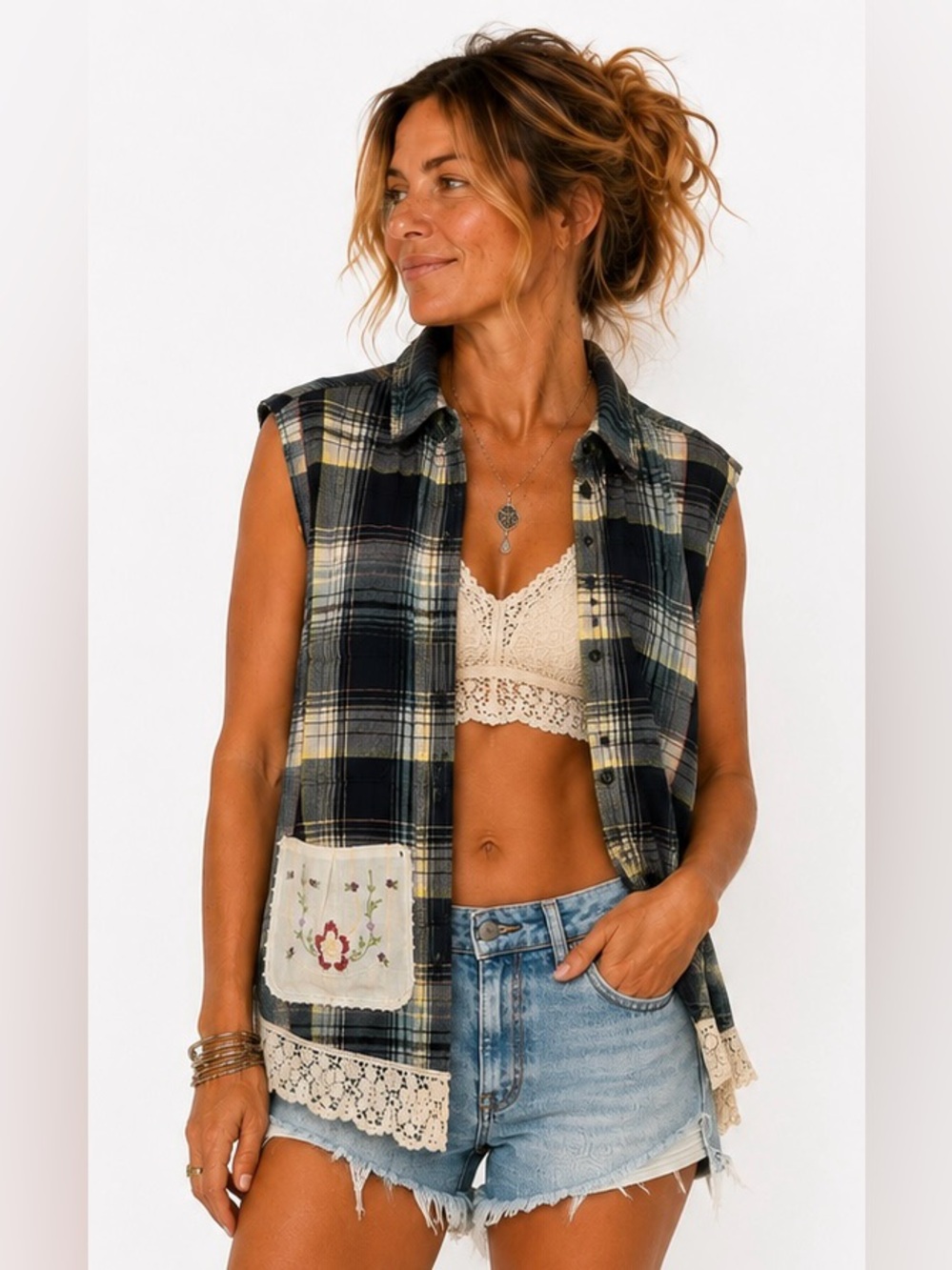 Upcycled Sleeveless Plaid Button-Front Blouse with Lace Trim - Navy/Cream
